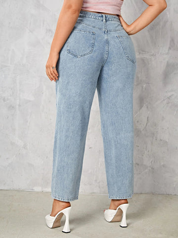 Plus Size Summer Light Blue Women Jeans Stretchy and Loose Washing Straight