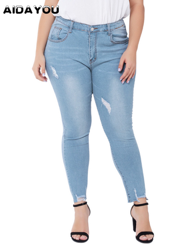 Ripped Jeans  Loose Butt Lifing Big Size Blue Jeans Distressed Boyfriend