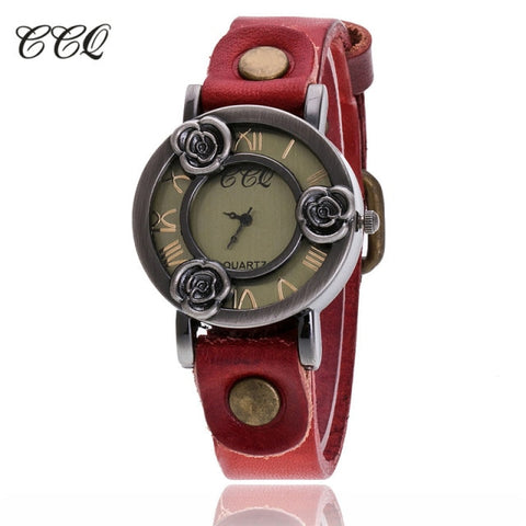 Vintage Cow Leather Bracelet Flower Watch Casual Women WristWatch