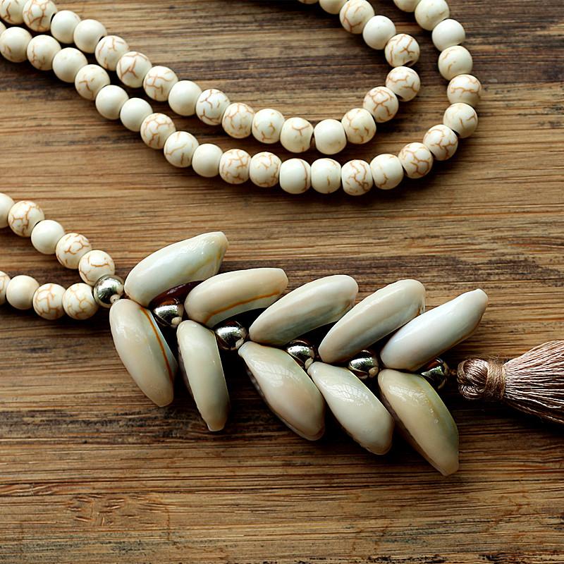 6mm White stone bead necklace with handmade Natural shell tassel long necklace