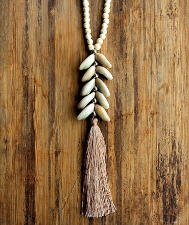6mm White stone bead necklace with handmade Natural shell tassel long necklace