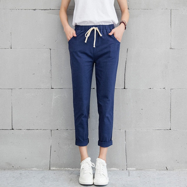 Casual Solid Elastic Waist Cotton Linen Ankle Length Pants
