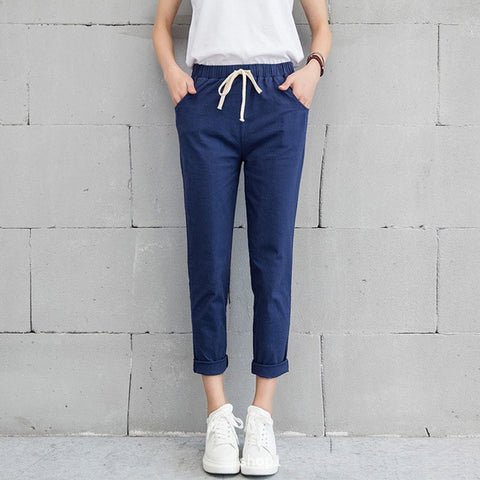 Casual Solid Elastic Waist Cotton Linen Ankle Length Pants