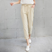 Casual Solid Elastic Waist Cotton Linen Ankle Length Pants