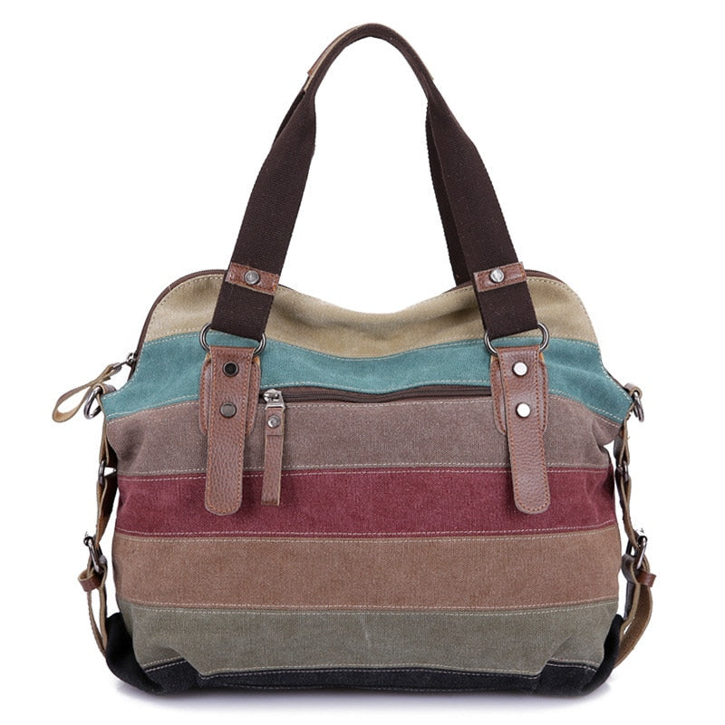 Brand Canvas Striped Shopping Tote Shoulder Bag