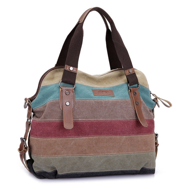 Brand Canvas Striped Shopping Tote Shoulder Bag
