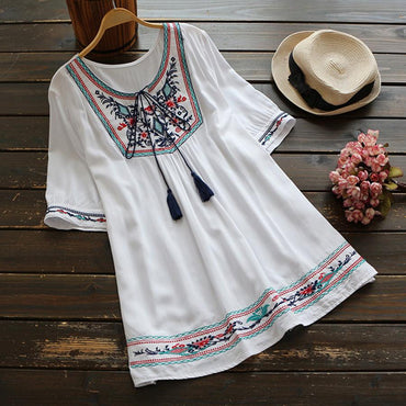 White Ethnic Boho Embroidery Blouse Top