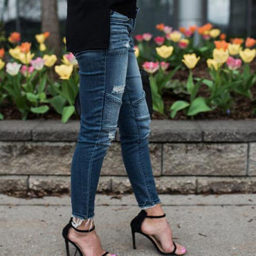 Denim Skinny Ripped Destroyed Pleated Stretch Jeans