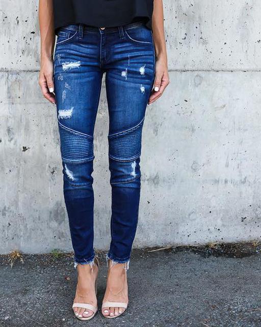 Denim Skinny Ripped Destroyed Pleated Stretch Jeans