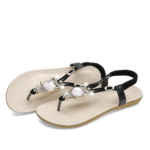 New arrival women flat sandals flip flop t-strap bohemia beaded owl slipper shoes