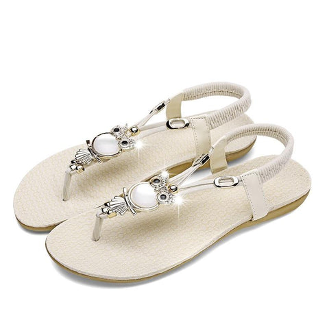 New arrival women flat sandals flip flop t-strap bohemia beaded owl slipper shoes