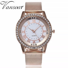 Rhinestone Casual Silver & Rose Gold Mesh Wristwatch