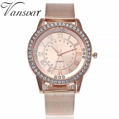 Rhinestone Casual Silver & Rose Gold Mesh Wristwatch