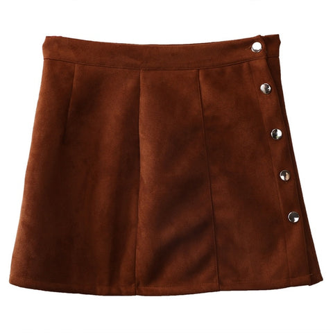 Elegant High Waist Single Breasted Solid Slim A-Line Suede Leather Mini Skirts