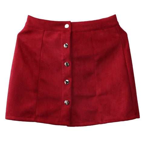 Elegant High Waist Single Breasted Solid Slim A-Line Suede Leather Mini Skirts