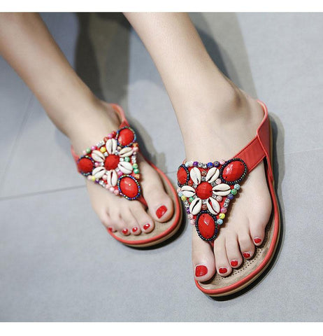 Sandals Gemstone Floral Beaded Flip Flops Bohemia Ladies Shoes