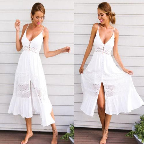White Party Sundress Lace Vneck Maxi Dress
