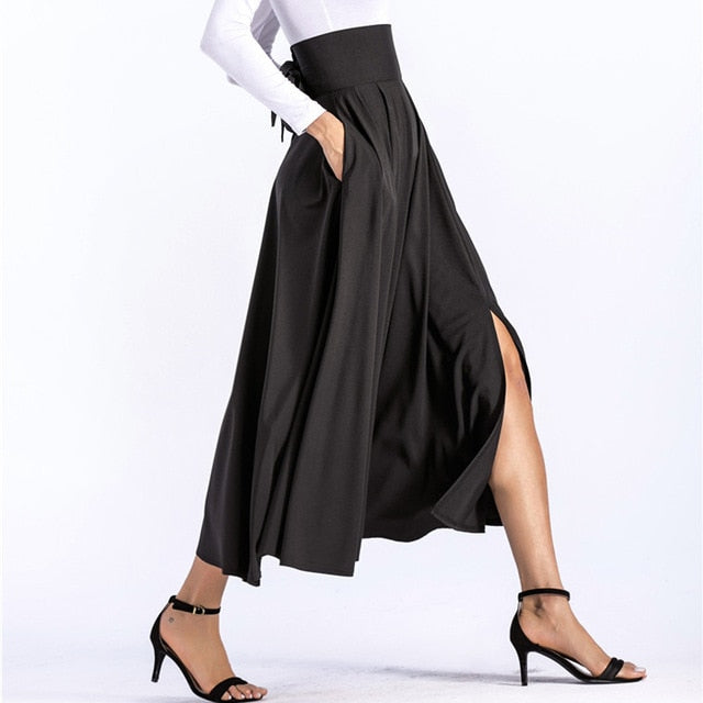 Vintage Pleated Flared Pockets Lace Up Bow Plus Size Slit Long Maxi Skirt