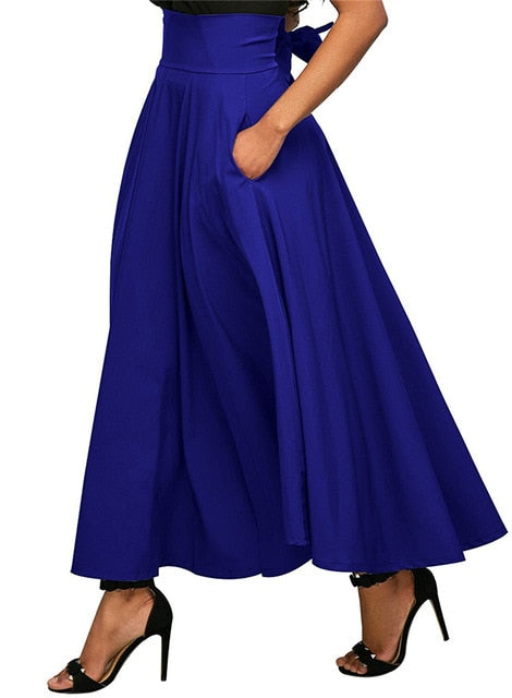 Vintage Pleated Flared Pockets Lace Up Bow Plus Size Slit Long Maxi Skirt