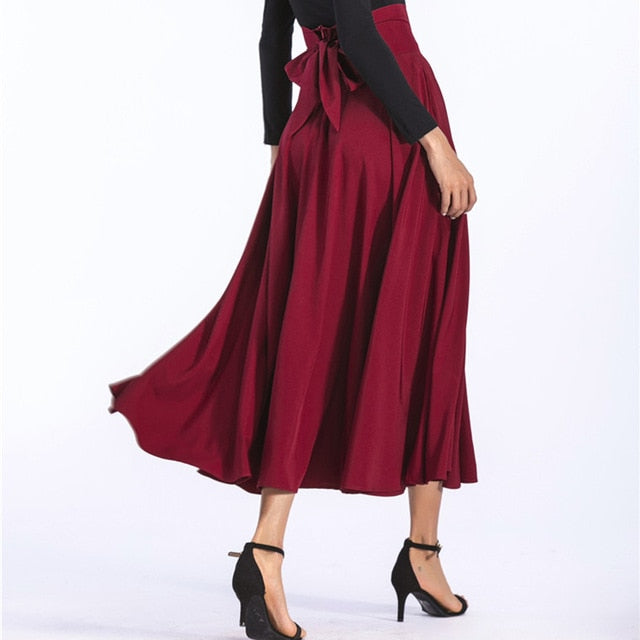 Vintage Pleated Flared Pockets Lace Up Bow Plus Size Slit Long Maxi Skirt