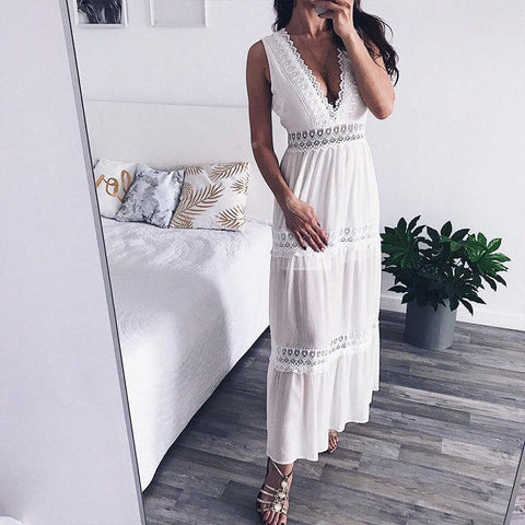 Deep V Elegant White Lace Backless Hollow Out Long Maxi Dresses