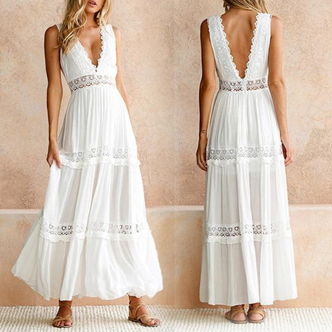 Deep V Elegant White Lace Backless Hollow Out Long Maxi Dresses