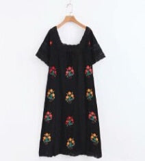 Boho dress cotton floral embroidery square neck short sleeve dresses