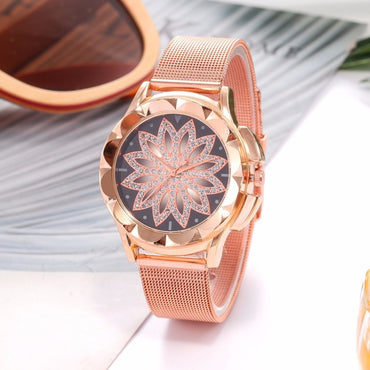 Rose Gold Flower Rhinestone Wrist Casual Watch