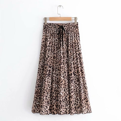 Vintage leopard printing pleated sashes chic mid-calf midi skirt