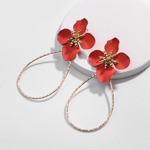 Trendy Pink Flowers Stud Boho Metal Earrings