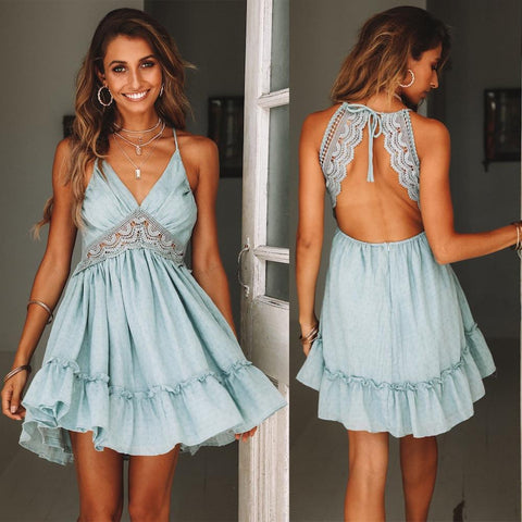 Retro 6 Color Lace Sexy Strap Backless Dress