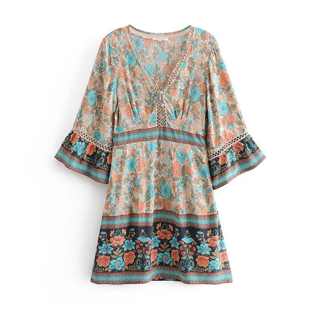 Patchwork Lace V-Neck Boho Floral Print Dress