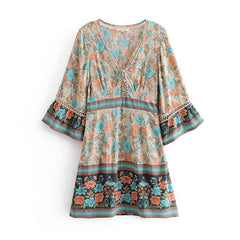 Patchwork Lace V-Neck Boho Floral Print Dress