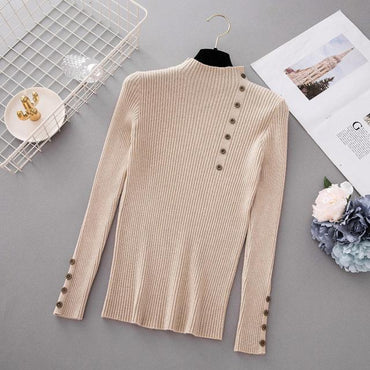 Button Turtleneck Solid Knitted Sweater
