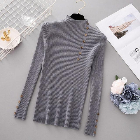 Button Turtleneck Solid Knitted Sweater