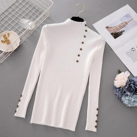 Button Turtleneck Solid Knitted Sweater