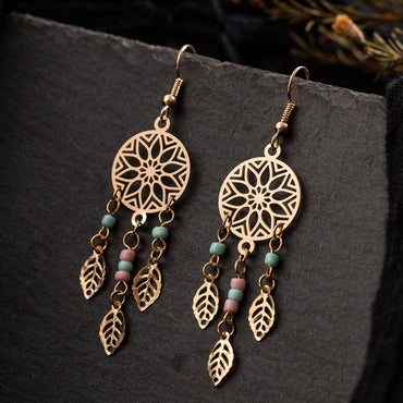 Vintage Ethnic Golden Leaf Dangle Drop Earrings