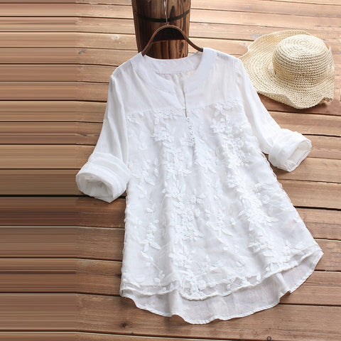 Elegant  Long Sleeve Cotton Casual Vintage Embroidery Linen Top