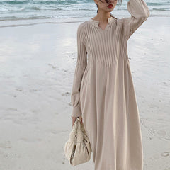 Retro girlchic knitting v-neck long sleeve basic dress