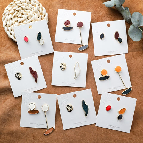 Vintage Colorful Enamel Irregular Geometric Asymmetric Oval Round Long Stud Earring