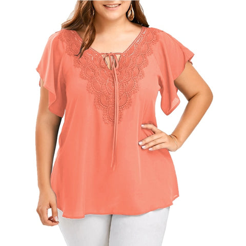 Plus Size Lace Patchwork Shirt Tops And Blouses Short Sleeve