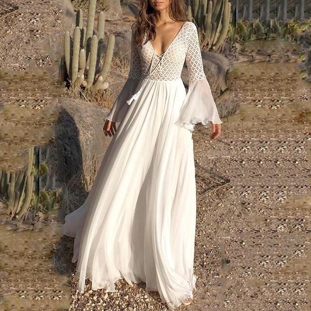 Boho White  Patchwork Lace Up Maxi Dress