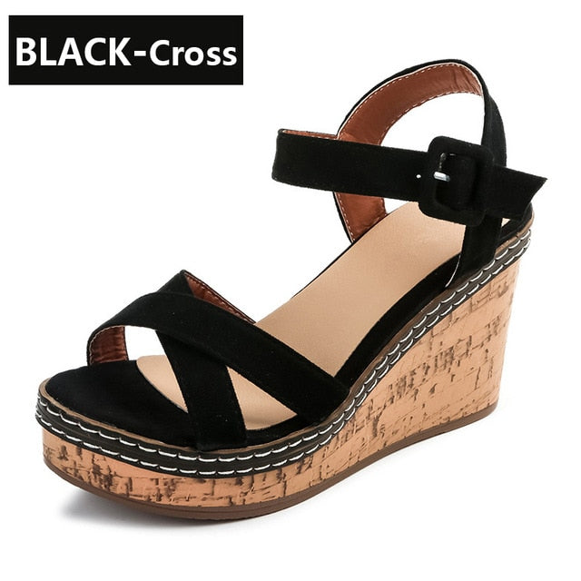 Wedge Peep Toe Buckle Platform Canvas Wedges Fashion Super High Heel Shoes