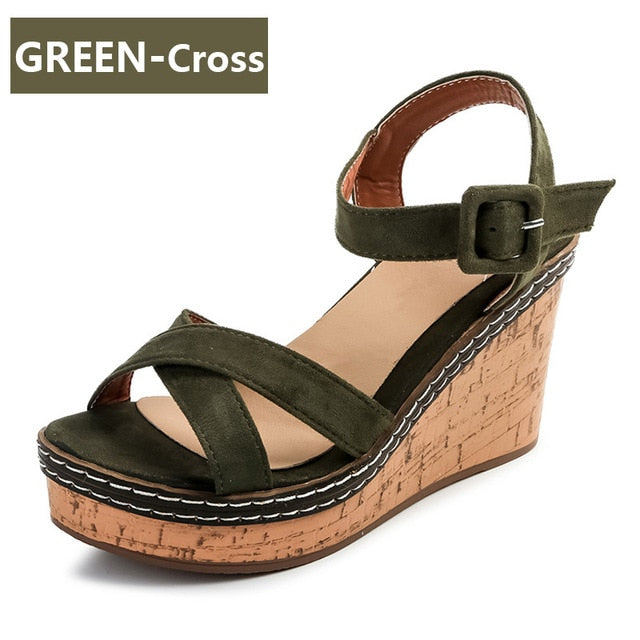 Wedge Peep Toe Buckle Platform Canvas Wedges Fashion Super High Heel Shoes