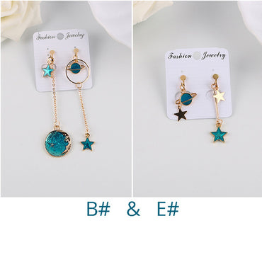 Asymmetrical Fresh Enamel blue Star Moon Planet  Circle Clip Earrings