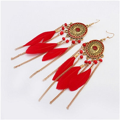 Long Tassel Feather Style Ethnic Boho Big Dangle Statement Earring