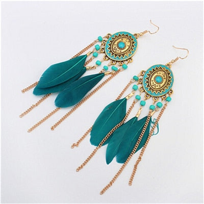 Long Tassel Feather Style Ethnic Boho Big Dangle Statement Earring