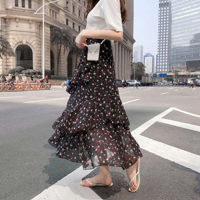 Boho Bohemian Ruffles Polka Dot Layer Flare High Waist Skirt