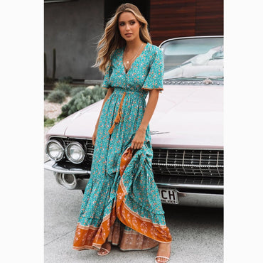 Boho Floral  Waist Tie Chic  Maxi Dress