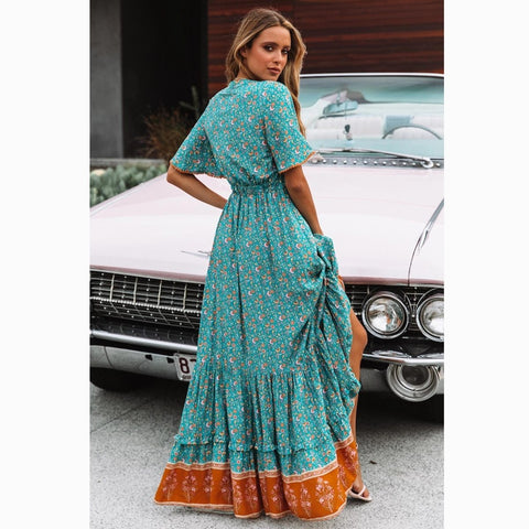 Boho Floral  Waist Tie Chic  Maxi Dress